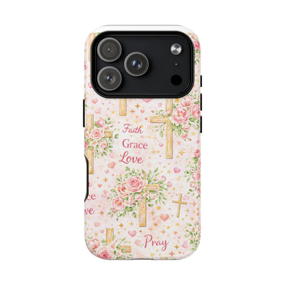 Christian Floral Cross Phone Case — "Faith Grace Love" Tough Magnetic Case