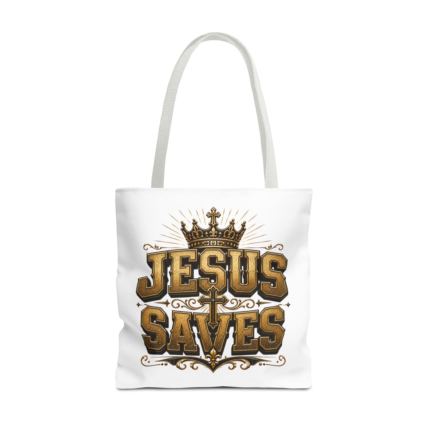 Jesus Saves Tote Bag — Christian Gospel Canvas Carryall with Crown & Cross Design
