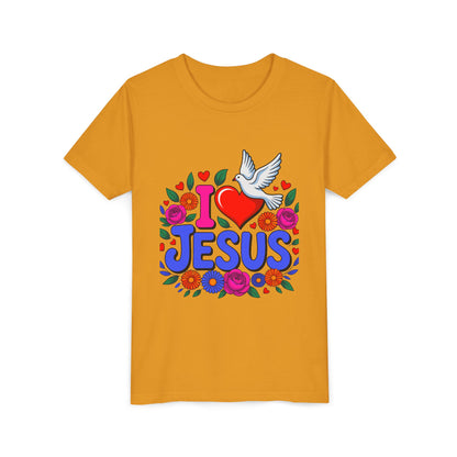 Youth Tee — "I  Jesus" Colorful Dove & Floral Christian Shirt