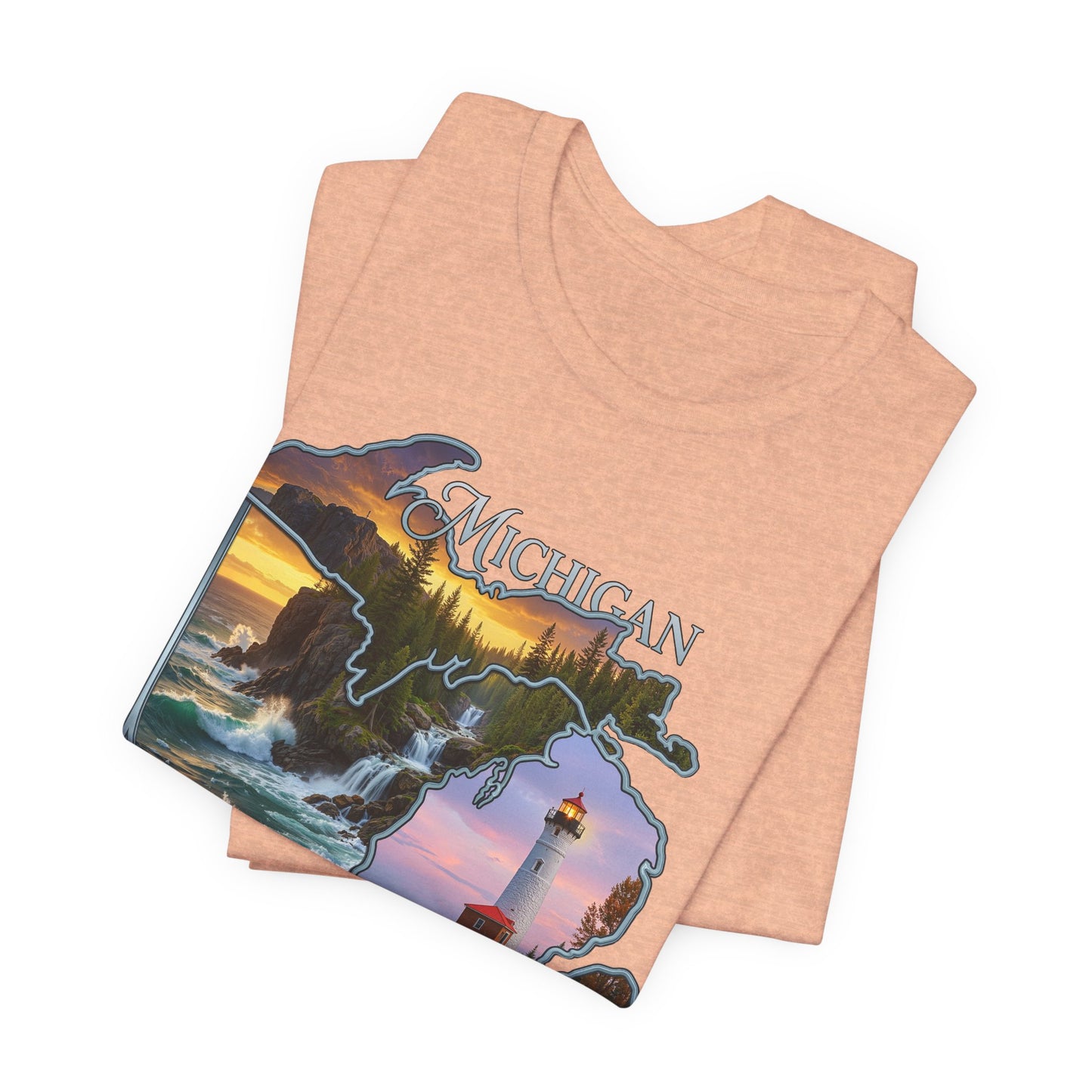 Michigan Scenic Map T-Shirt — Great Lakes Lighthouse Sunset Tee