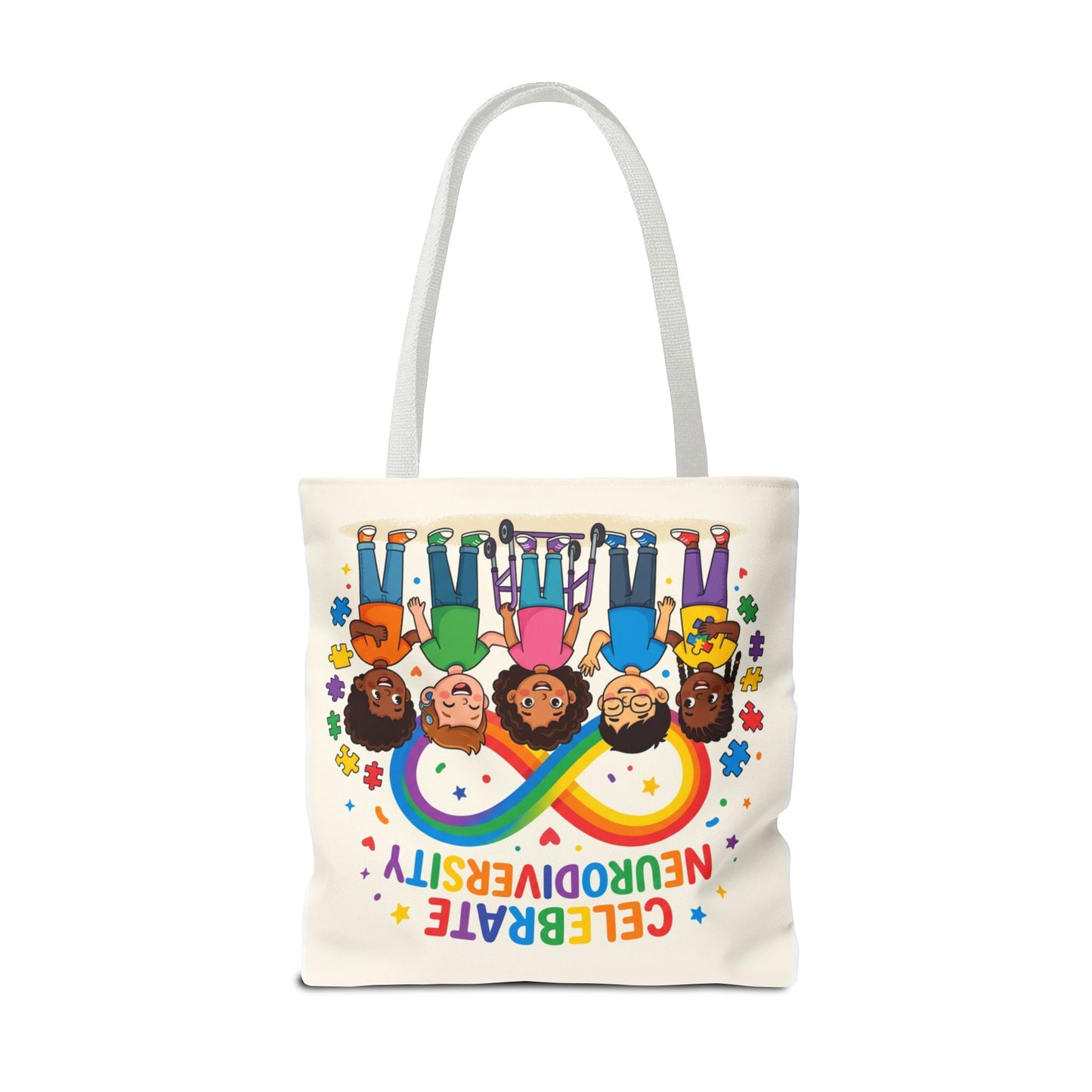 Celebrate Neurodiversity Tote Bag — Rainbow Infinity Symbol with Diverse Kids