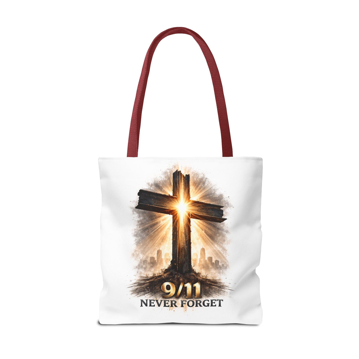 9/11 Never Forget Cross Memorial Tote Bag — Patriotic Remembrance Shopper