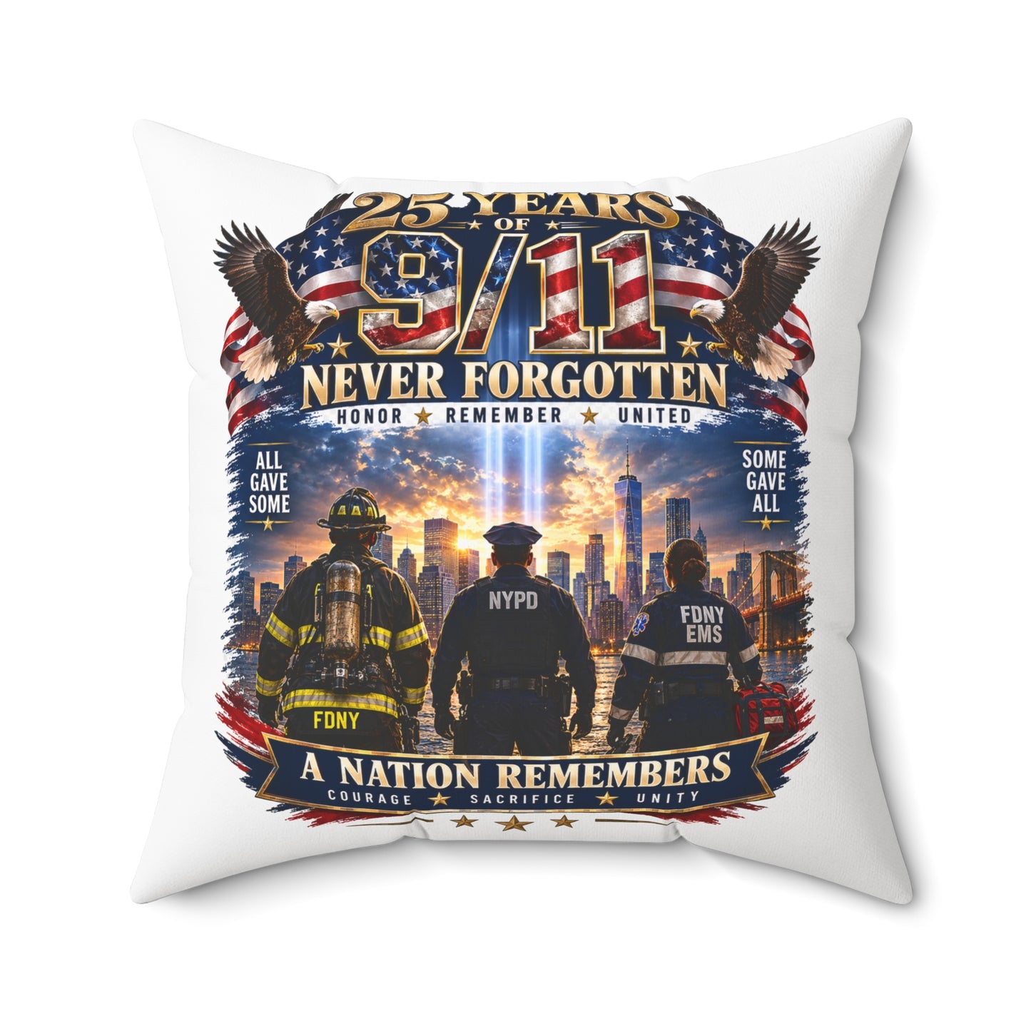 9/11 Never Forgotten Memorial Pillow - 25 Years Tribute Decorative Cushion
