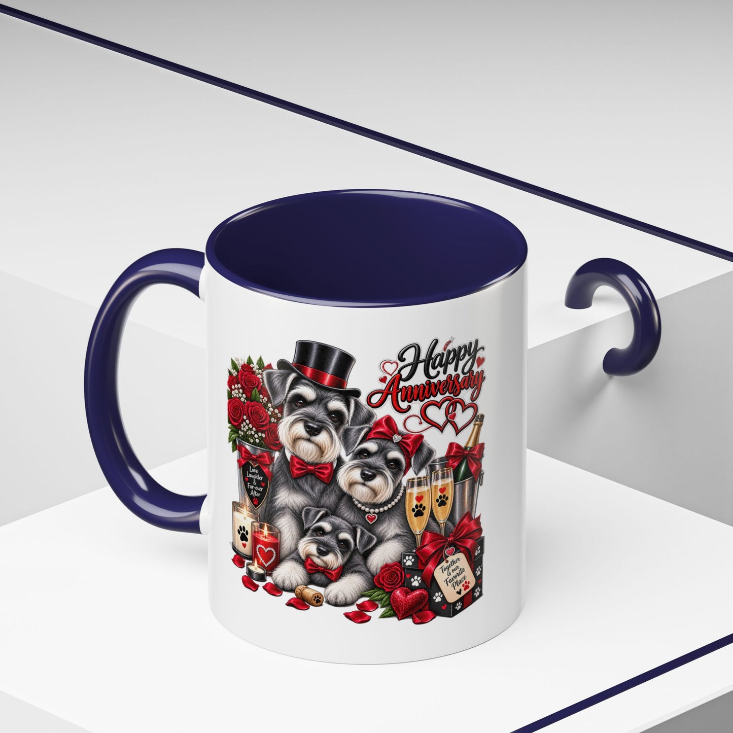 Happy Anniversary Dog Coffee Mug — Cute Pups, Champagne & Roses Accent Mug