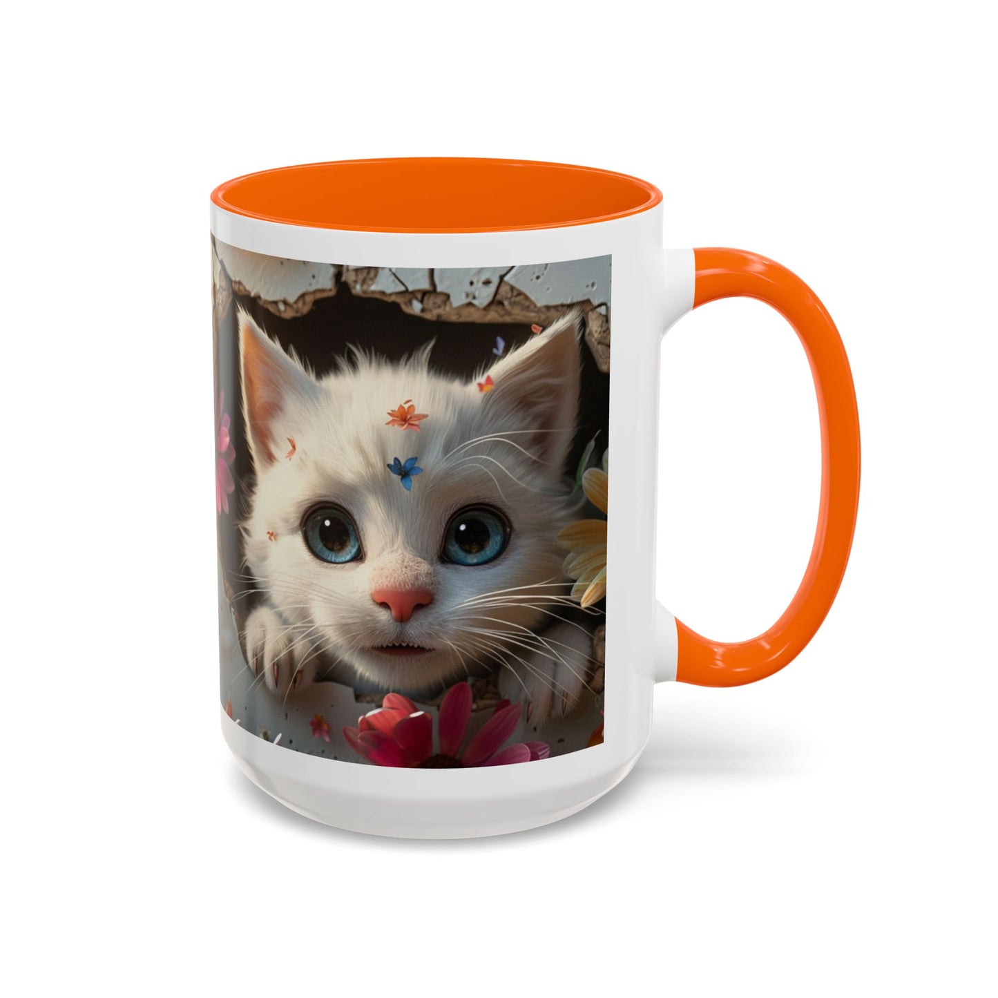 Cute White Kitten Coffee Mug – Floral Accent 11/15oz
