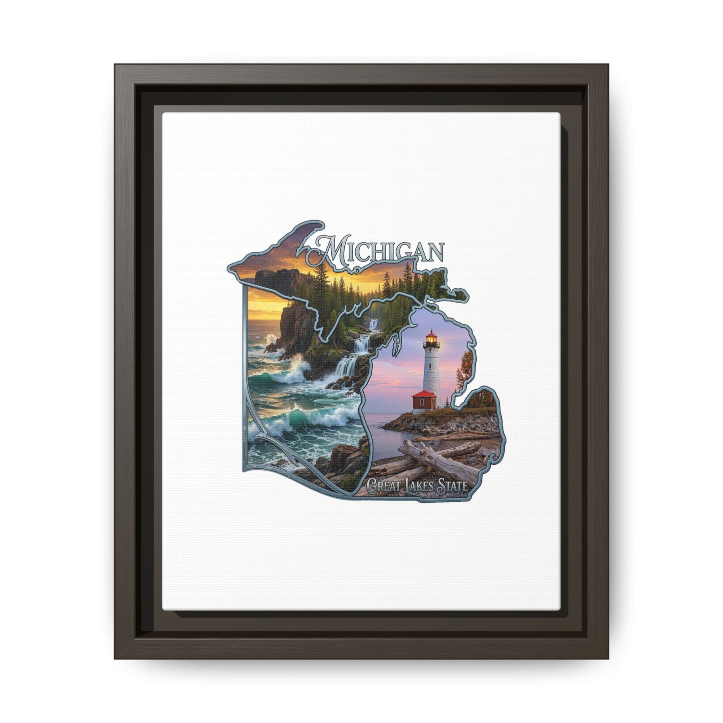 Michigan Framed Canvas Wall Art — Great Lakes State Lighthouse & Shoreline Print