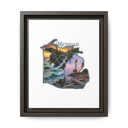 Michigan Framed Canvas Wall Art — Great Lakes State Lighthouse & Shoreline Print