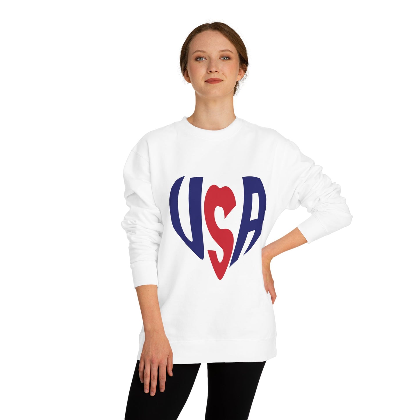 USA Heart Crewneck Sweatshirt — Patriotic Red & Blue Graphic