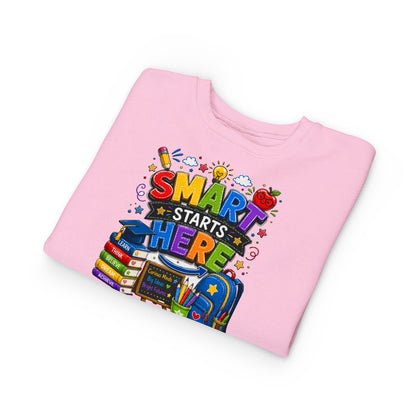 Toddler Sweatshirt — "Smart Starts Here" Back-to-School Kids Crewneck