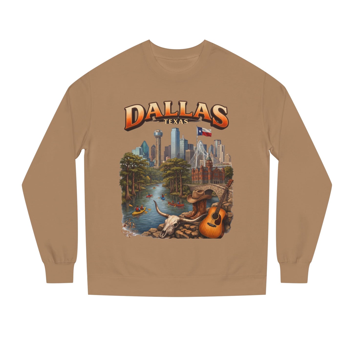 Dallas Skyline Crewneck Sweatshirt — Texas Cityscape & Acoustic Guitar Design
