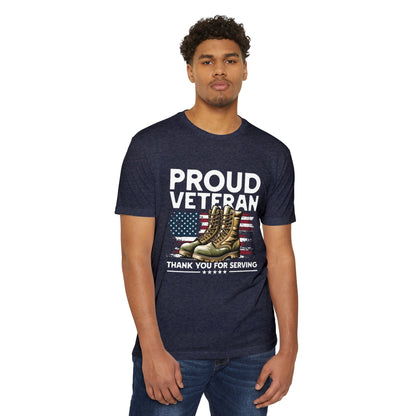 Proud Veteran T-Shirt — "Proud Veteran" with Military Boots & American Flag — Thank You for Serving