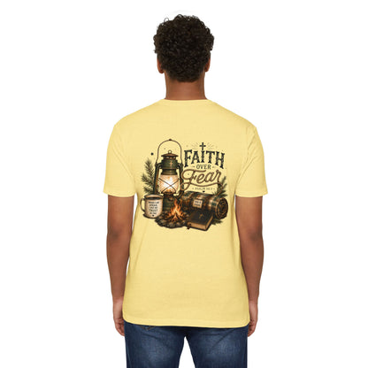 Faith Over Fear T-Shirt — Christian Camping Lantern & Bible Graphic