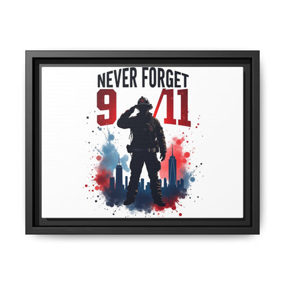 Never Forget 9/11 Framed Canvas Print — Patriotic Firefighter Memorial Art