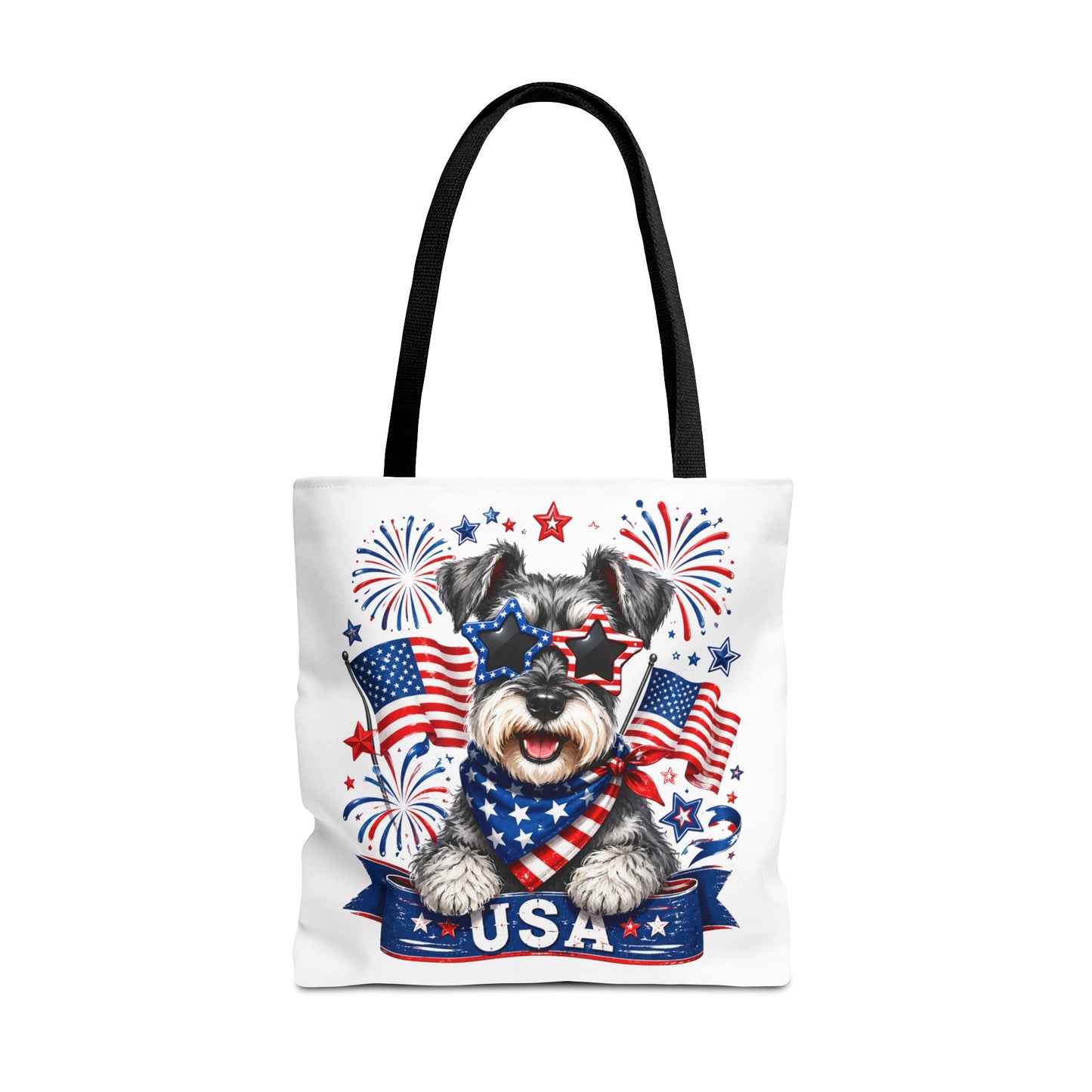 Patriotic Schnauzer Tote Bag — USA Flag Fireworks All-Over Print