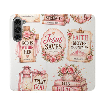 Christian Floral Phone Flip Case — "Jesus Saves" & Inspirational Scripture Wallet Cover