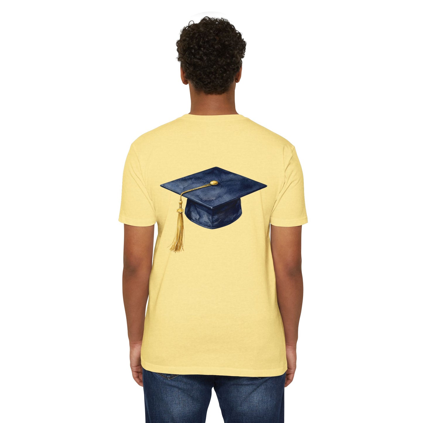 Graduation Cap T-Shirt — Navy Mortarboard with Gold Tassel