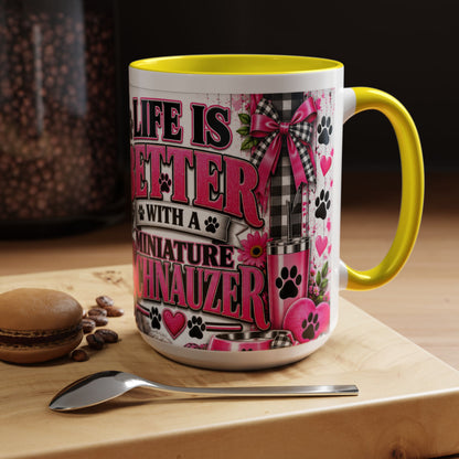 Life Is Better With A Miniature Schnauzer Accent Coffee Mug — Pink Paw Print Dog Lover Gift (11/15oz)