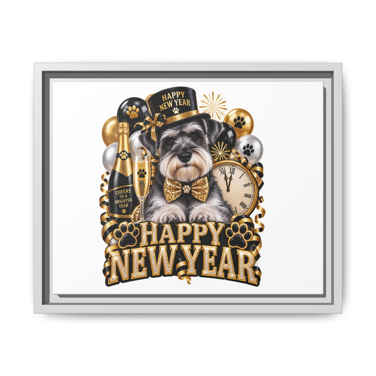 Happy New Year Schnauzer Matte Canvas Framed Art