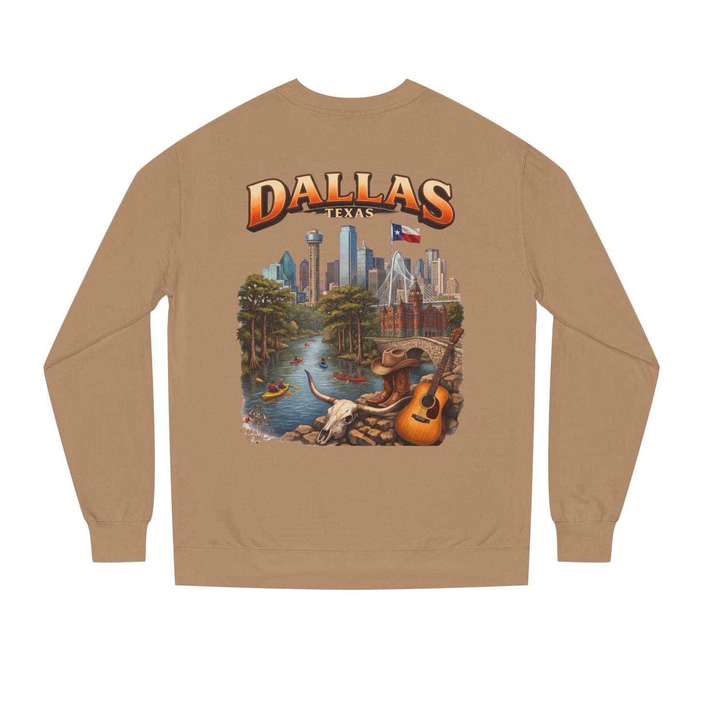 Dallas Skyline Crewneck Sweatshirt — Texas Cityscape & Acoustic Guitar Design