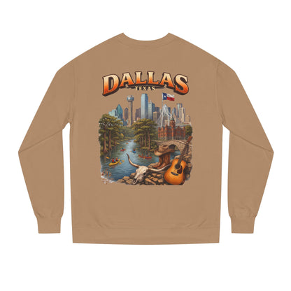 Dallas Skyline Crewneck Sweatshirt — Texas Cityscape & Acoustic Guitar Design