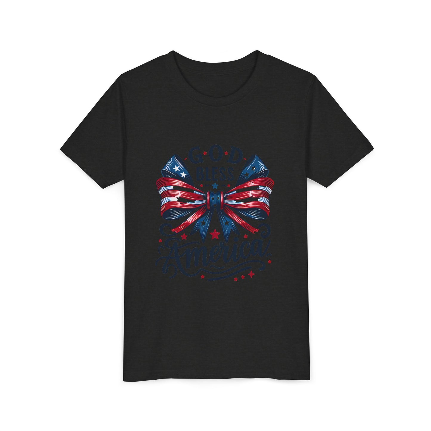 Youth Tee — "God Bless America" Patriotic Bow T-Shirt (4th of July, Memorial Day)