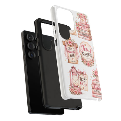 Christian Phone Case — Jesus Saves Floral Tough Case with 'God Is Within Her' & 'Trust God' Design