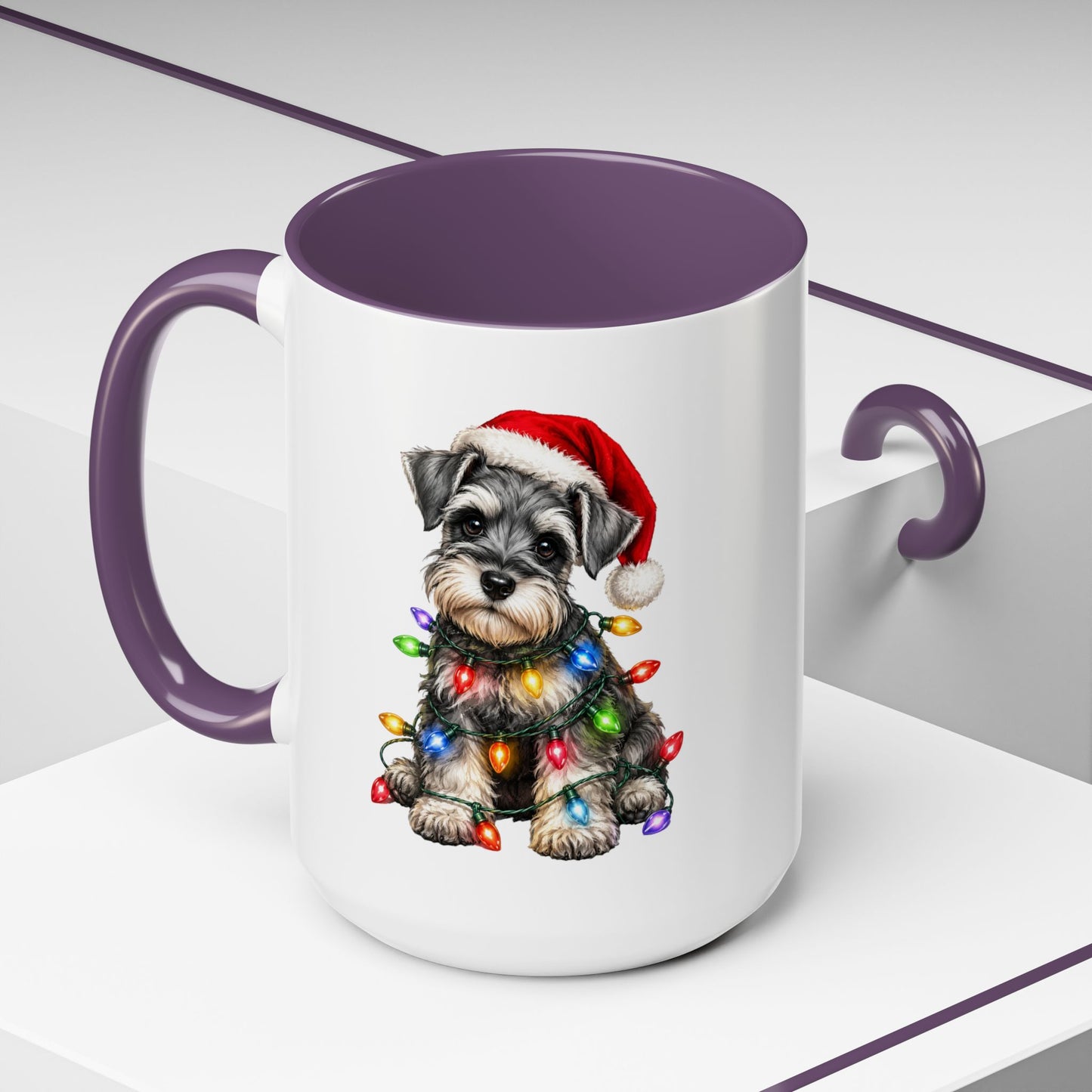 Christmas Puppy Coffee Mug — Schnauzer in Santa Hat with Holiday Lights (11/15oz)