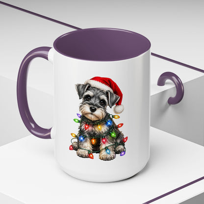 Christmas Puppy Coffee Mug — Schnauzer in Santa Hat with Holiday Lights (11/15oz)