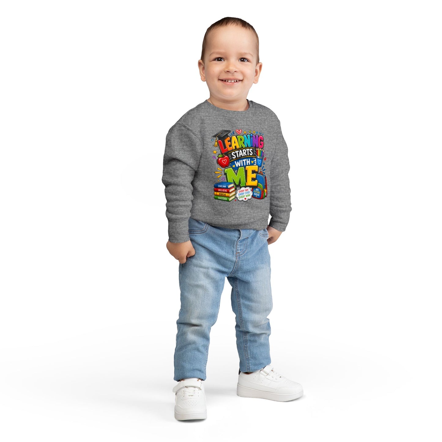 Learning Starts With Me Toddler Sweatshirt — Cute Back-to-School Kids Graphic Pullover