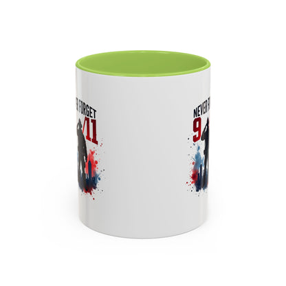 Never Forget 9/11 Accent Coffee Mug — Patriotic Memorial Tribute (11oz, 15oz)