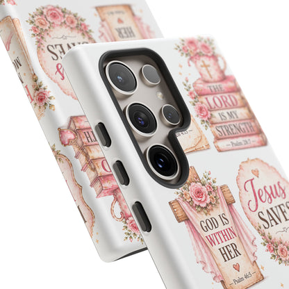 Christian Phone Case — Jesus Saves Floral Tough Case with 'God Is Within Her' & 'Trust God' Design