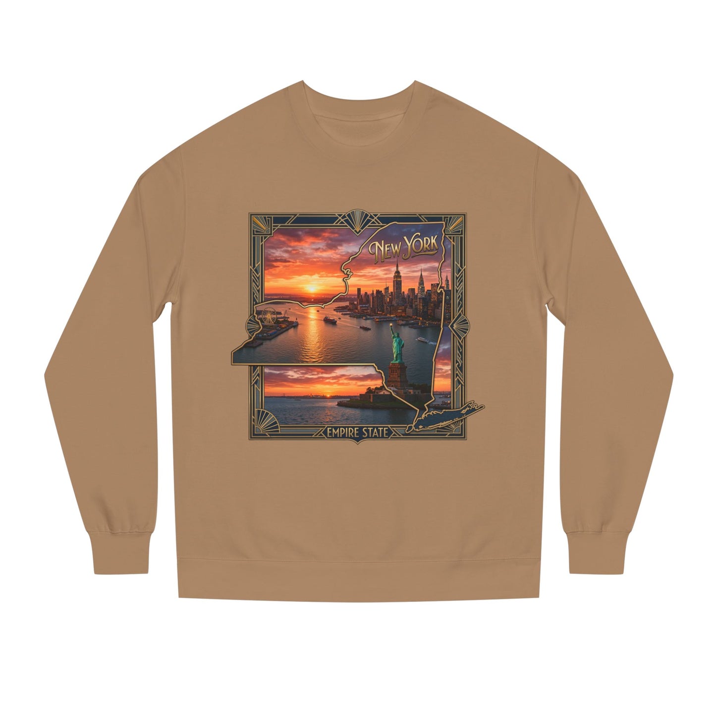 New York Sunset Crewneck Sweatshirt — Statue of Liberty Skyline Graphic