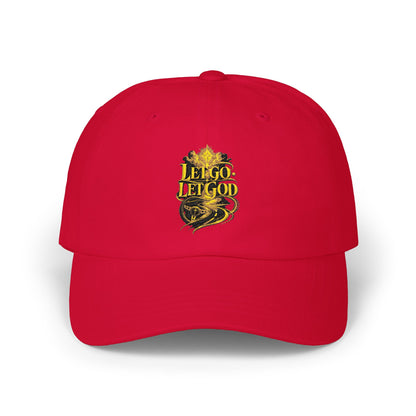 Dad Cap — Retro Gold 'Let Go Let God' Script Embroidery