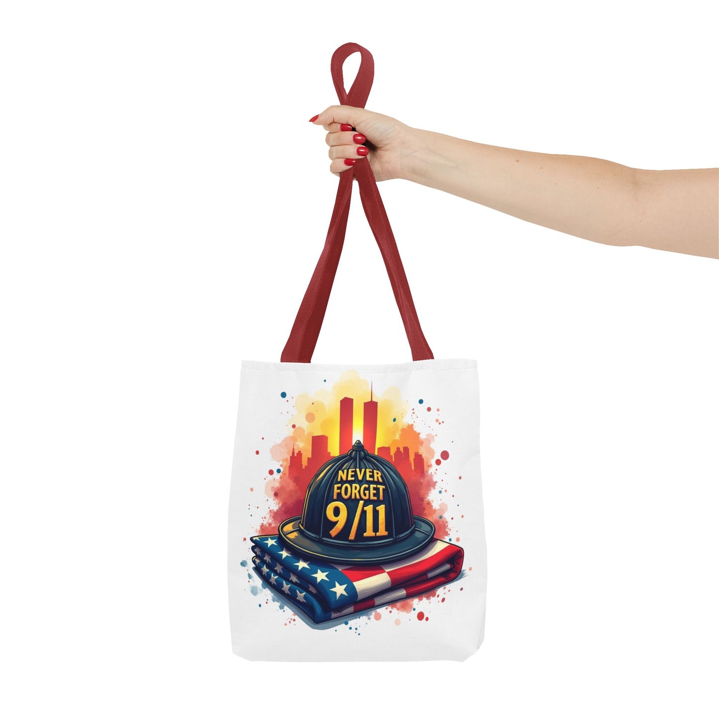 Never Forget 9/11 Memorial Tote Bag — Firefighter Helmet & Flag Tribute
