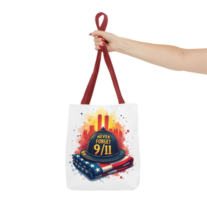 Never Forget 9/11 Memorial Tote Bag — Firefighter Helmet & Flag Tribute