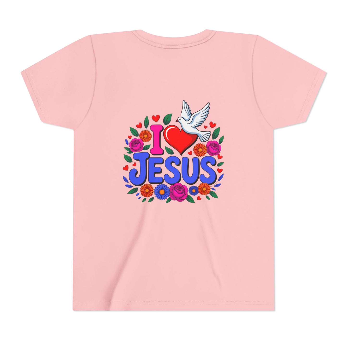 Youth Tee — "I  Jesus" Colorful Dove & Floral Christian Shirt