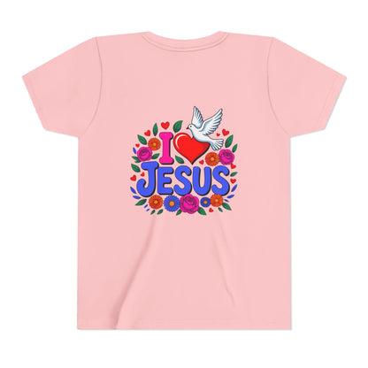 Youth Tee — "I  Jesus" Colorful Dove & Floral Christian Shirt