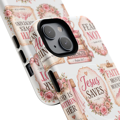 Christian Faith iPhone Tough Magnetic Case — 'Jesus Saves' Floral Scripture Design (Fear Not, Faith Moves Mountains)