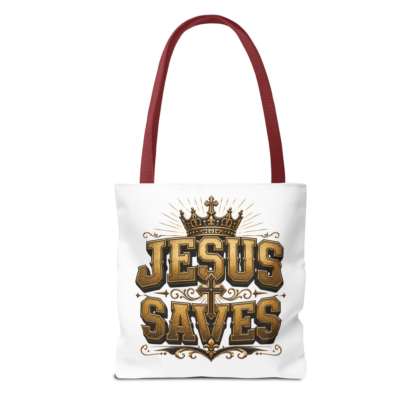 Jesus Saves Tote Bag — Christian Gospel Canvas Carryall with Crown & Cross Design