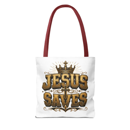 Jesus Saves Tote Bag — Christian Gospel Canvas Carryall with Crown & Cross Design