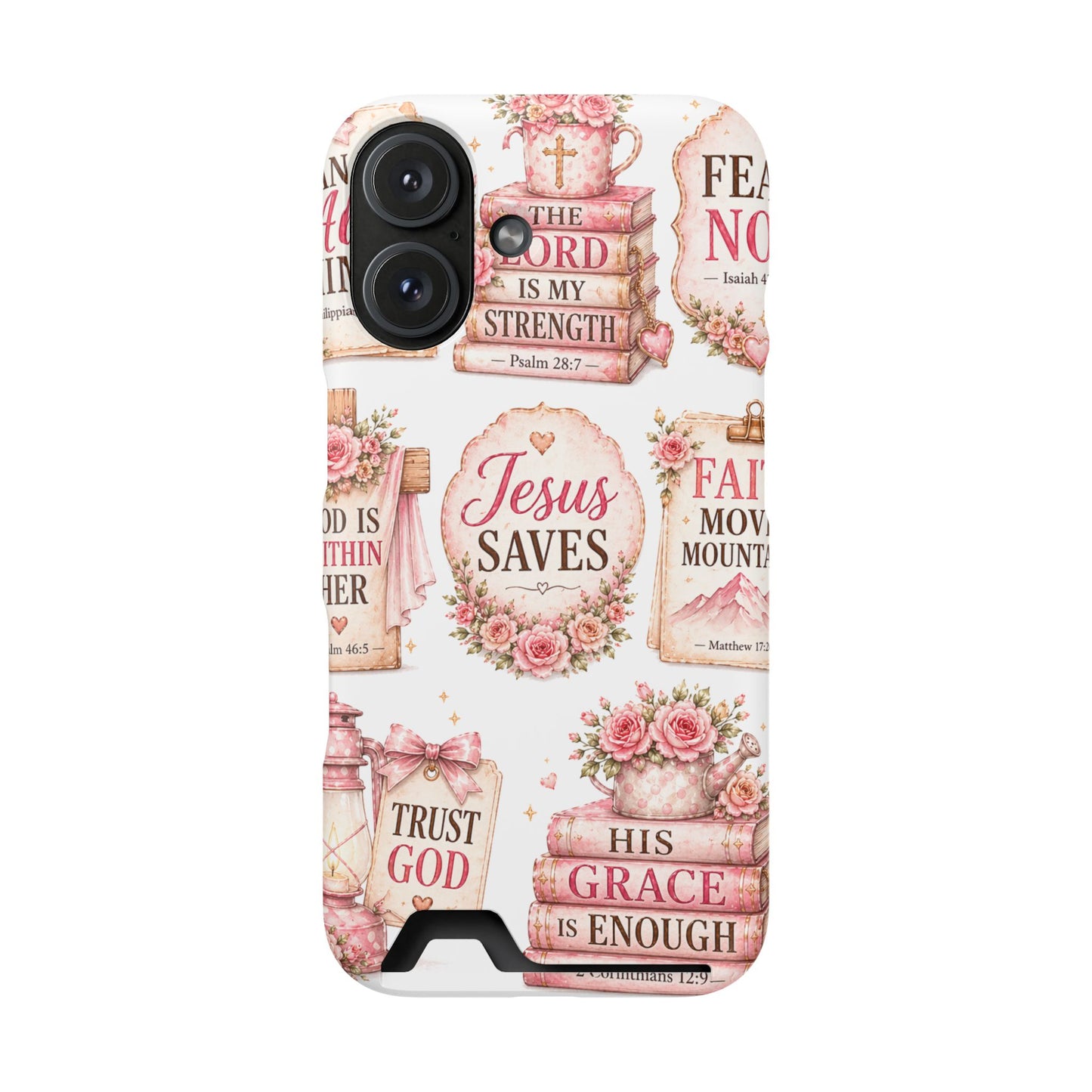 Christian Phone Case with Card Holder — 'Jesus Saves' Floral Scripture Design