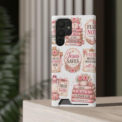 Christian Phone Case with Card Holder — 'Jesus Saves' Floral Scripture Design