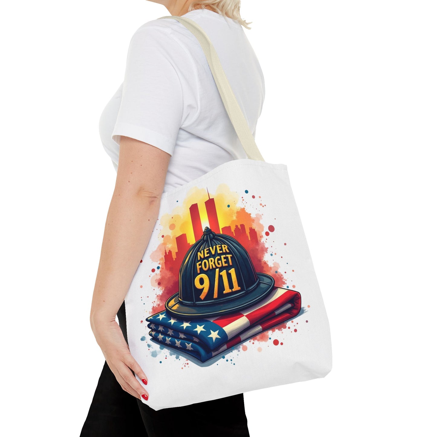 Never Forget 9/11 Memorial Tote Bag — Firefighter Helmet & Flag Tribute