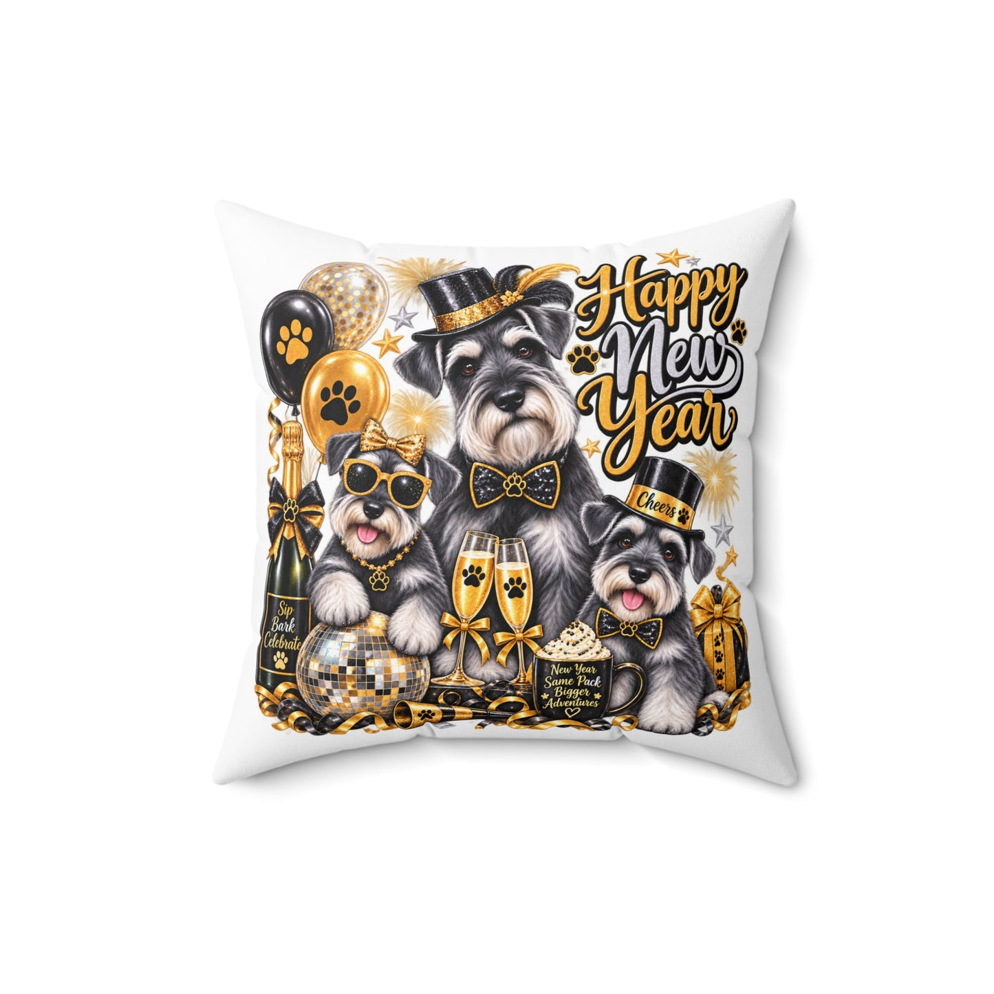 Happy New Year Schnauzer Pillow — Festive Gold Party Decorative Throw Pillow