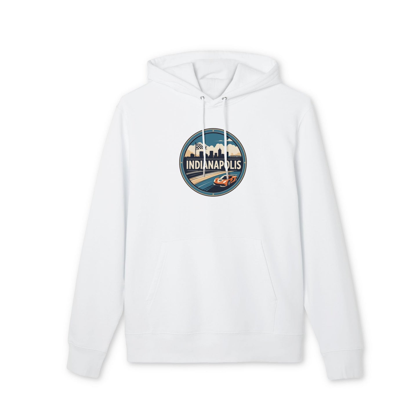 Indianapolis Racing Hoodie — Retro City Skyline & Racecar Design