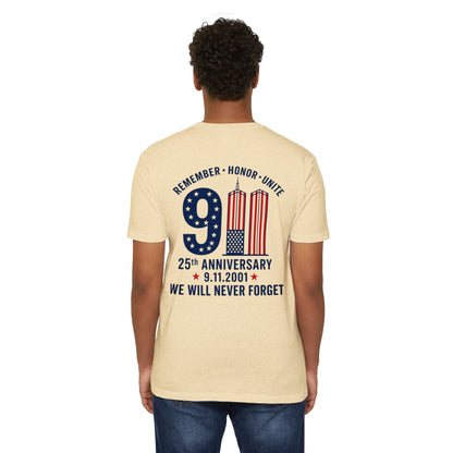 9/11 Memorial T-Shirt – "Remember Honor Unite" 25th Anniversary We Will Never Forget