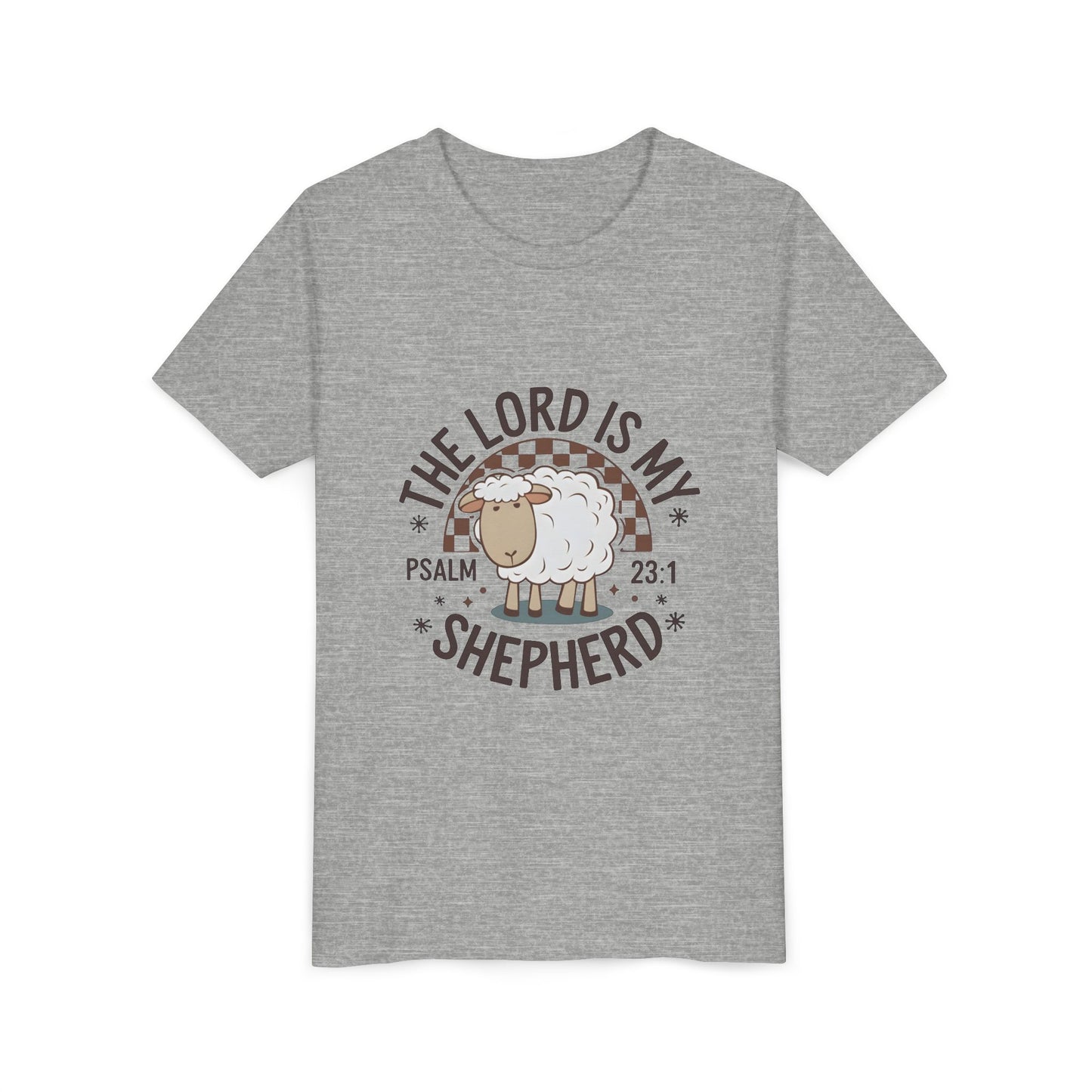 Youth Tee — "The Lord Is My Shepherd" Psalm 23:1 Christian Kids T‑Shirt (Sheep Design)