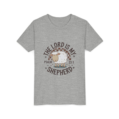Youth Tee — "The Lord Is My Shepherd" Psalm 23:1 Christian Kids T‑Shirt (Sheep Design)