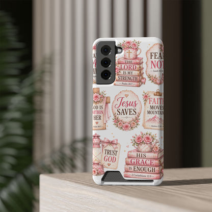 Christian Phone Case with Card Holder — 'Jesus Saves' Floral Scripture Design