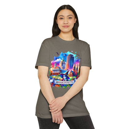 Massachusetts Watercolor Cityscape T-Shirt — Colorful State Landmark Tee